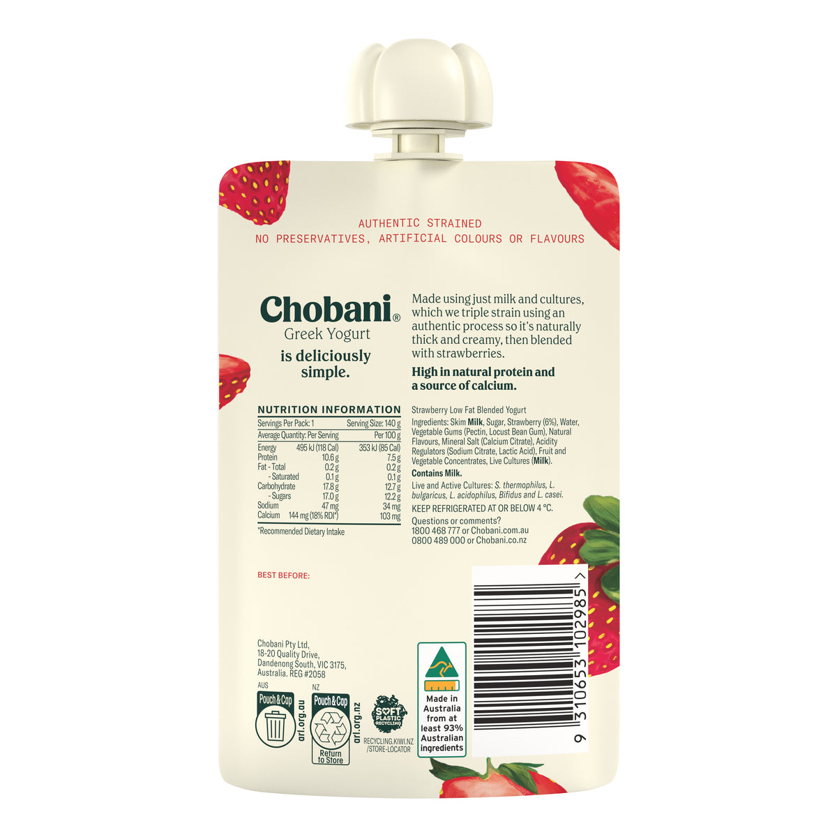 Chobani Pouch Strawberry Greek Yogurt 140g