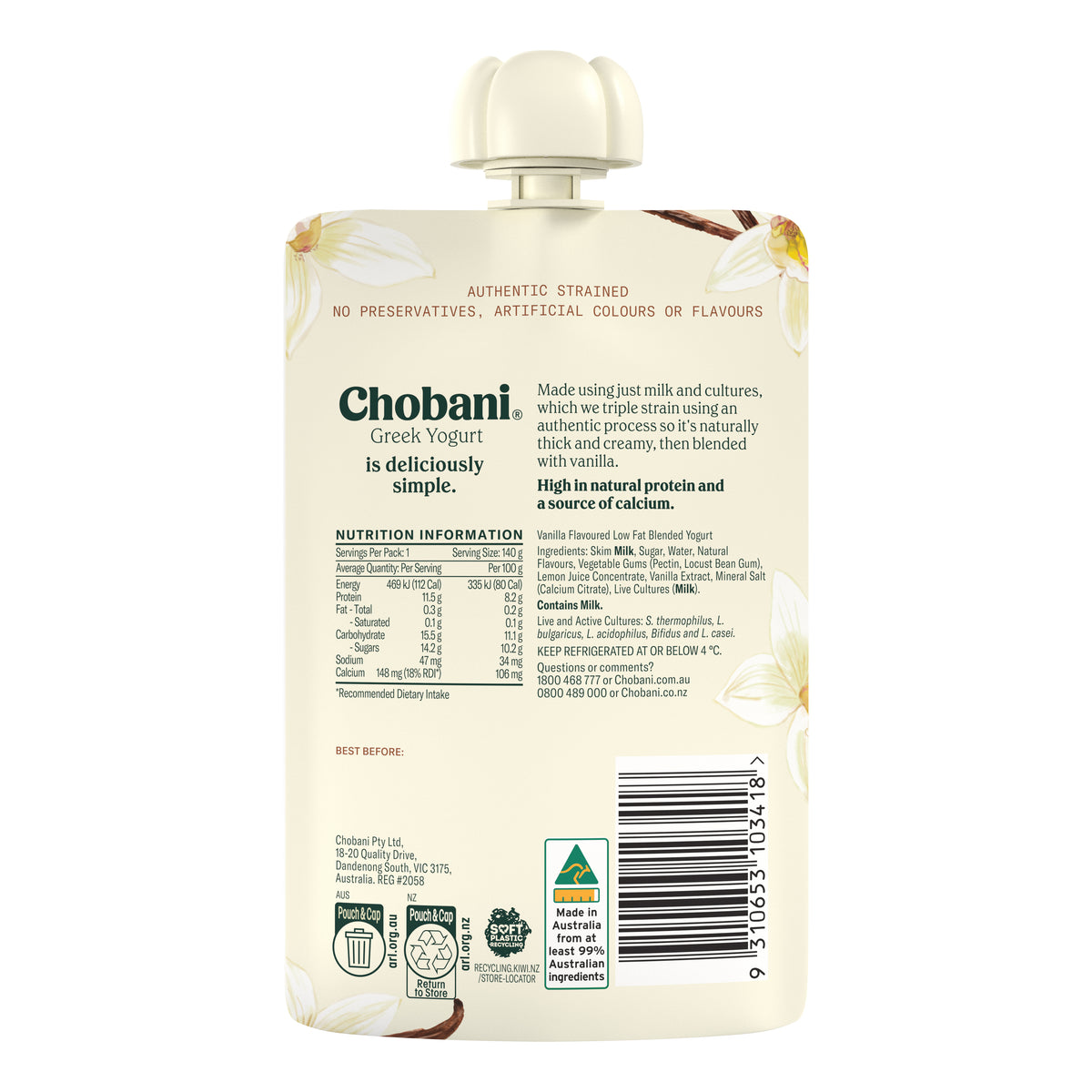 Chobani Pouch Vanilla Greek Yogurt 140g